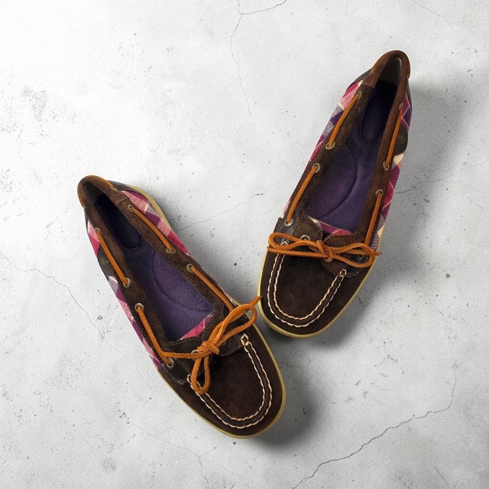Sperry Top-Sider Womens 8.5M Brown Suede Pink Plaid Boat‎ Shoes Loafers